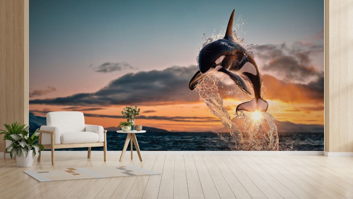 Dolphin Jumping in Ocean Realistic Marine Theme Wall Art Wallpaper shown in a room
