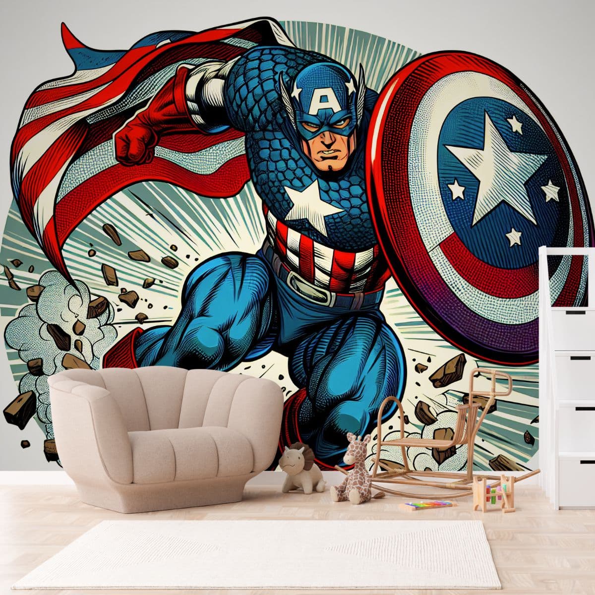 Captain America Art Wallpaper Mural for Wall shown in a room