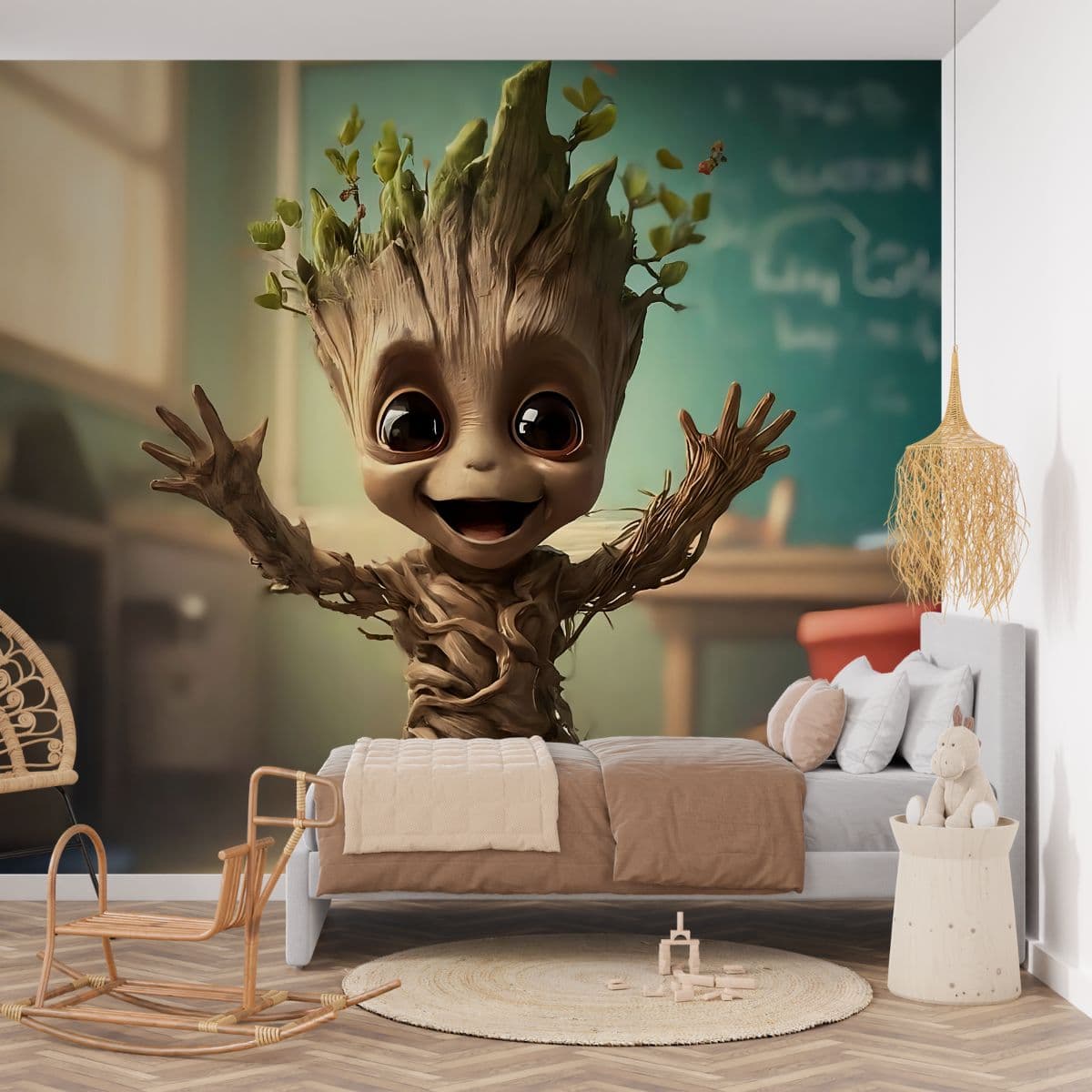 Happy Groot Wallpaper Mural for Wall shown in a room