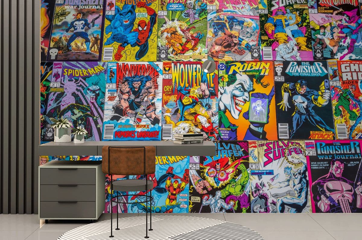 Marvel Comics Patchwork Wallpaper Mural shown in a room