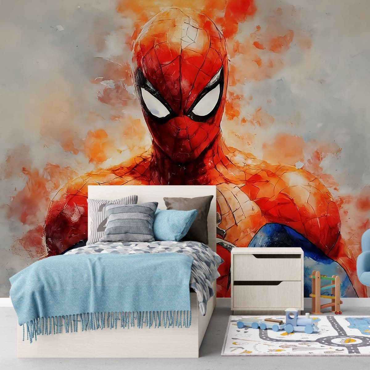 Spiderman Abstract Art Wall Mural Wallpaper shown in a room