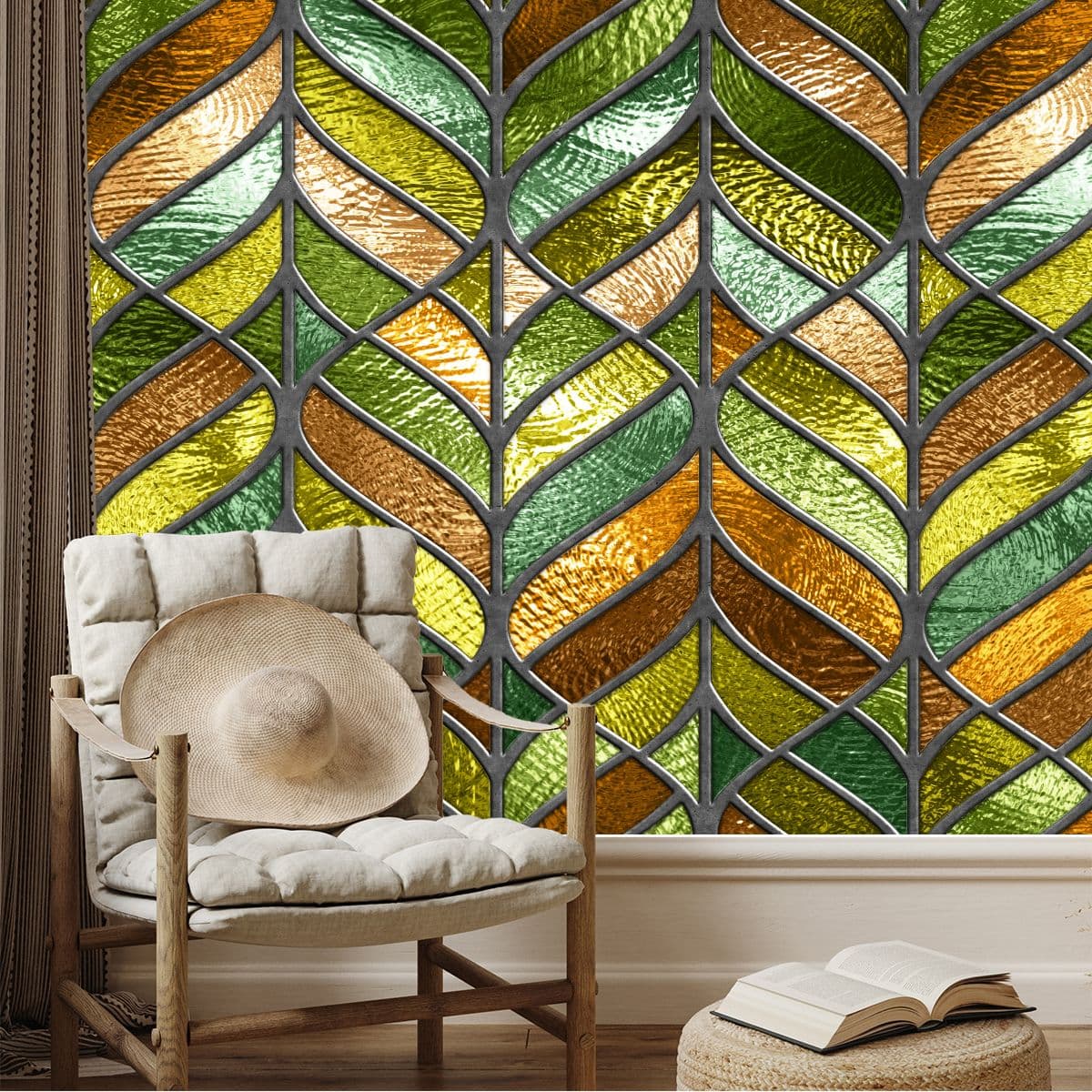 Gorgeous Emerald Stained Glass Wallpaper Mural shown in a room