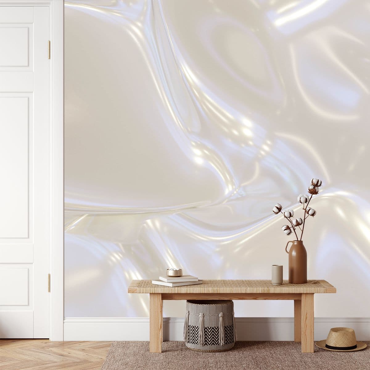 Mirror Wallpaper Mural with Shining Silk. shown in a room