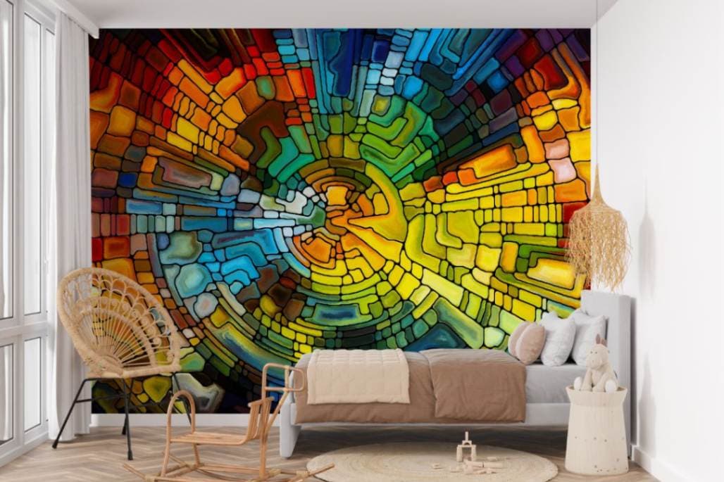 Multi-Colored Stained Mirror Wallpaper Mural shown in a room