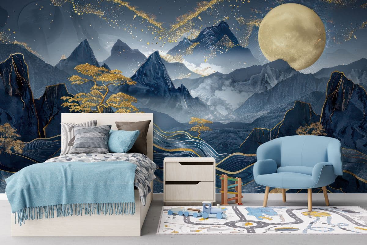 Alluring Golden Lunar Mystique Wallpaper Mural shown in a room