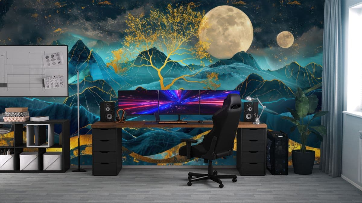 Dreamy Moon Landscape Mural Wallpaper shown in a room