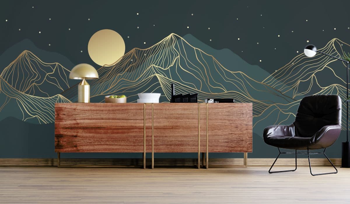 Golden Mountain and Moon Wallpaper Mural shown in a room