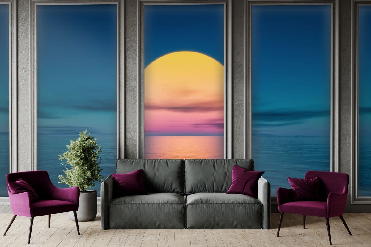 Great Sunset Over The Ocean Mural Wallpaper shown in a room