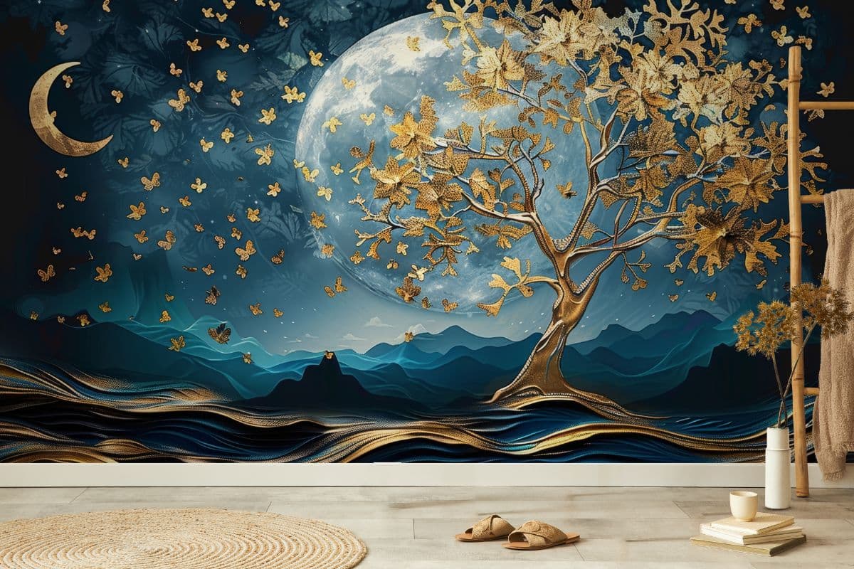 Swarna Vriksha Chandni Mural Wallpaper shown in a room
