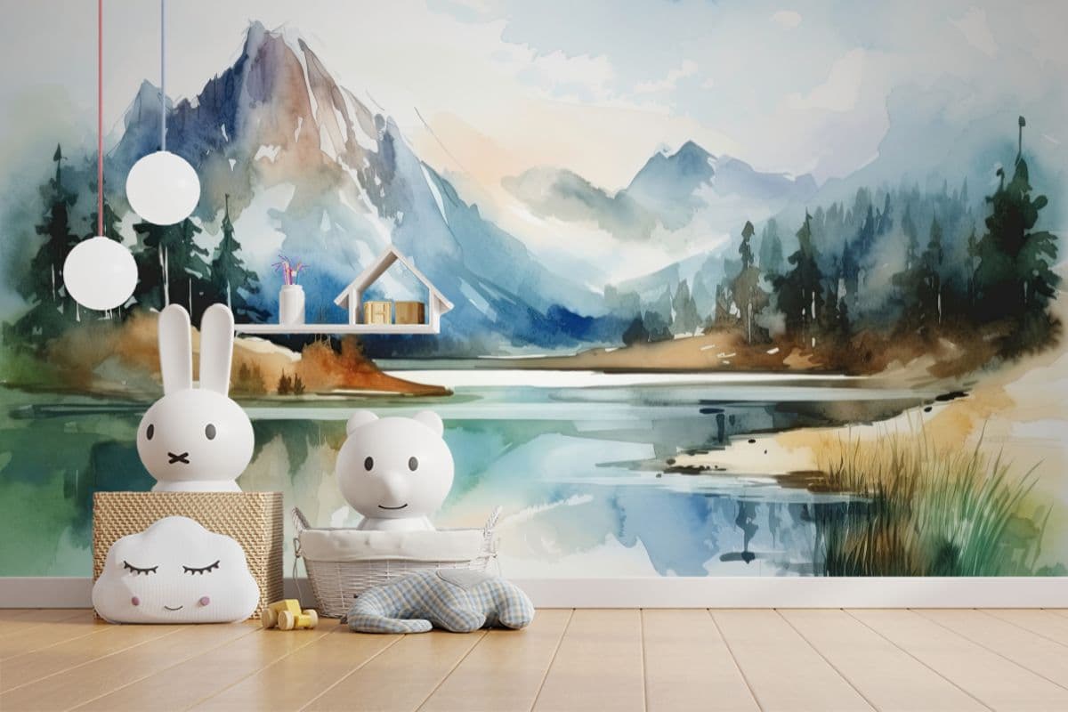 Serene Watercolor Painting Mural Wallpaper shown in a room
