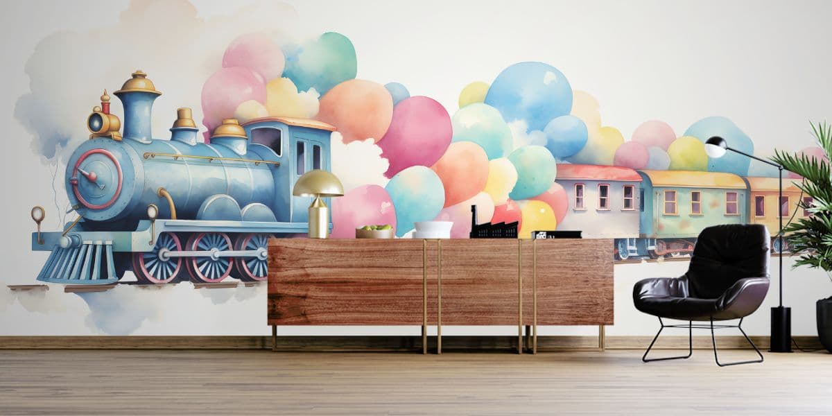 Water Color Train Painting Mural Wallpaper shown in a room