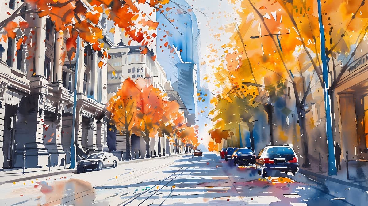 Watercolor City Scenery Painting Mural Wallpaper pattern detail