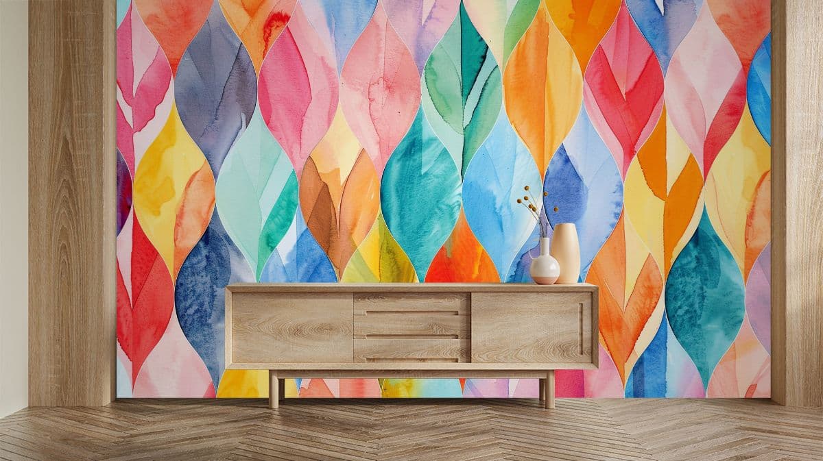 Watercolor Leaves Painting Mural Wallpaper shown in a room