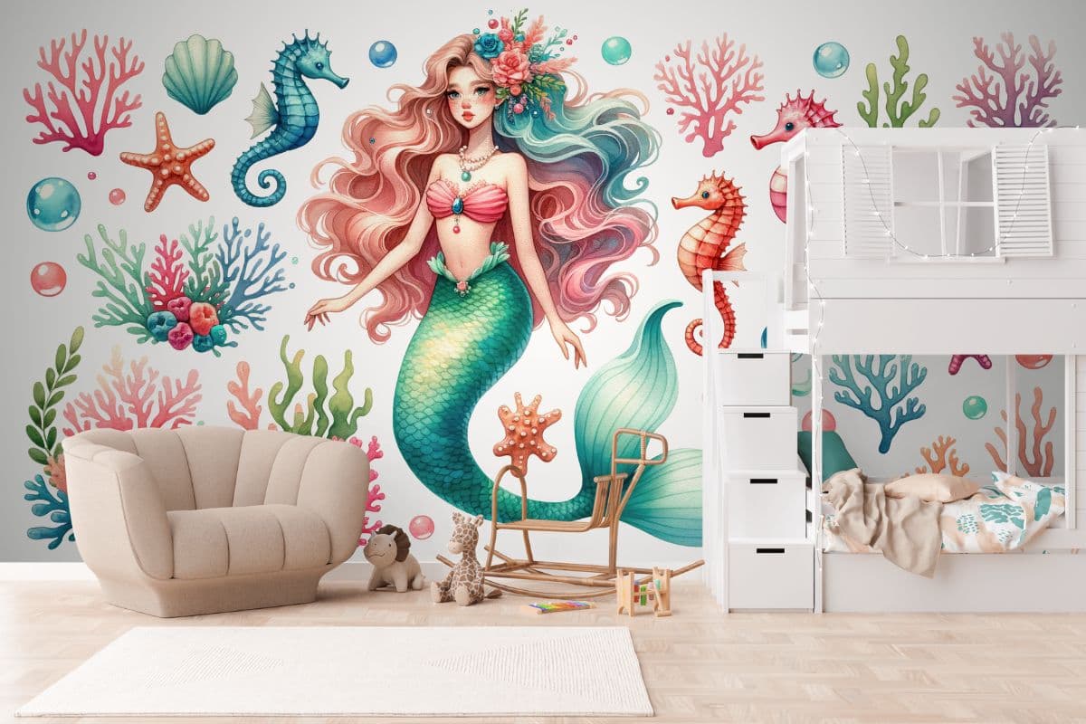 Watercolor Mermaid Painting Wallpaper Mural shown in a room