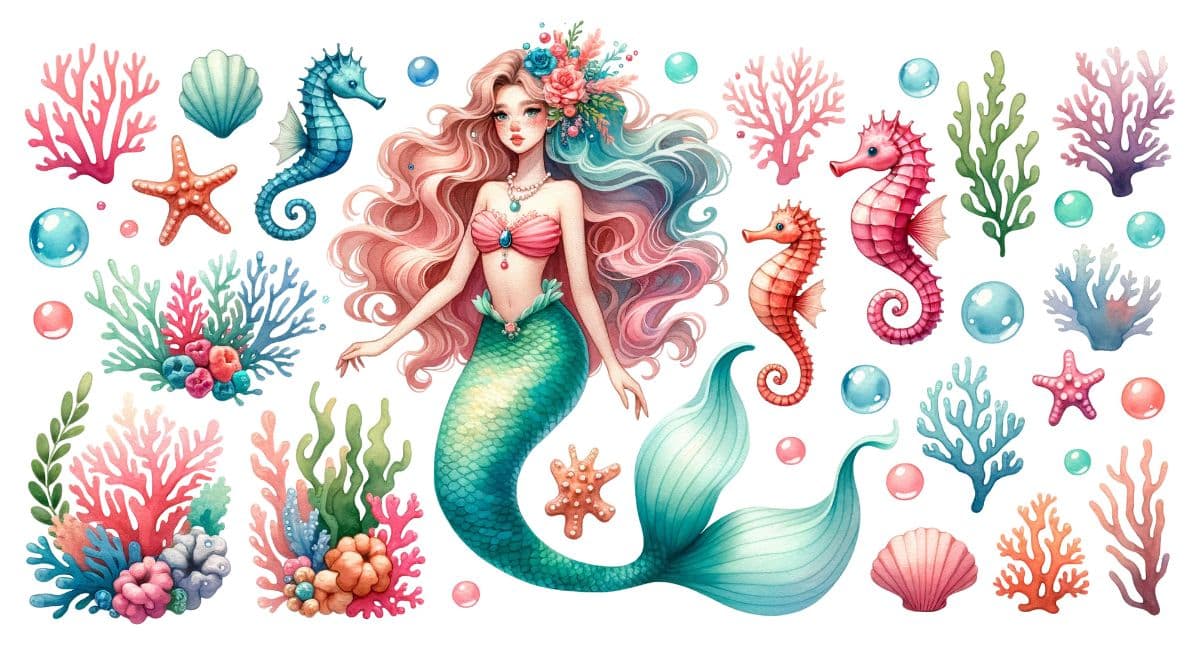 Watercolor Mermaid Painting Wallpaper Mural pattern detail