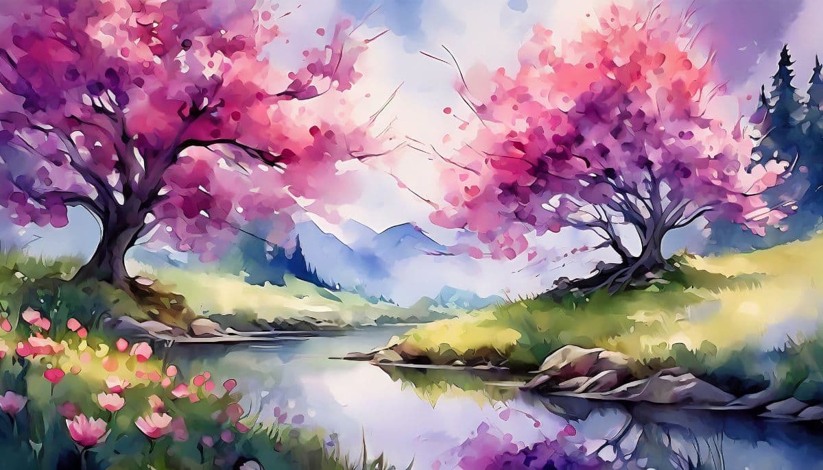 Watercolor Blooming Trees and River Landscape Wallpaper pattern detail