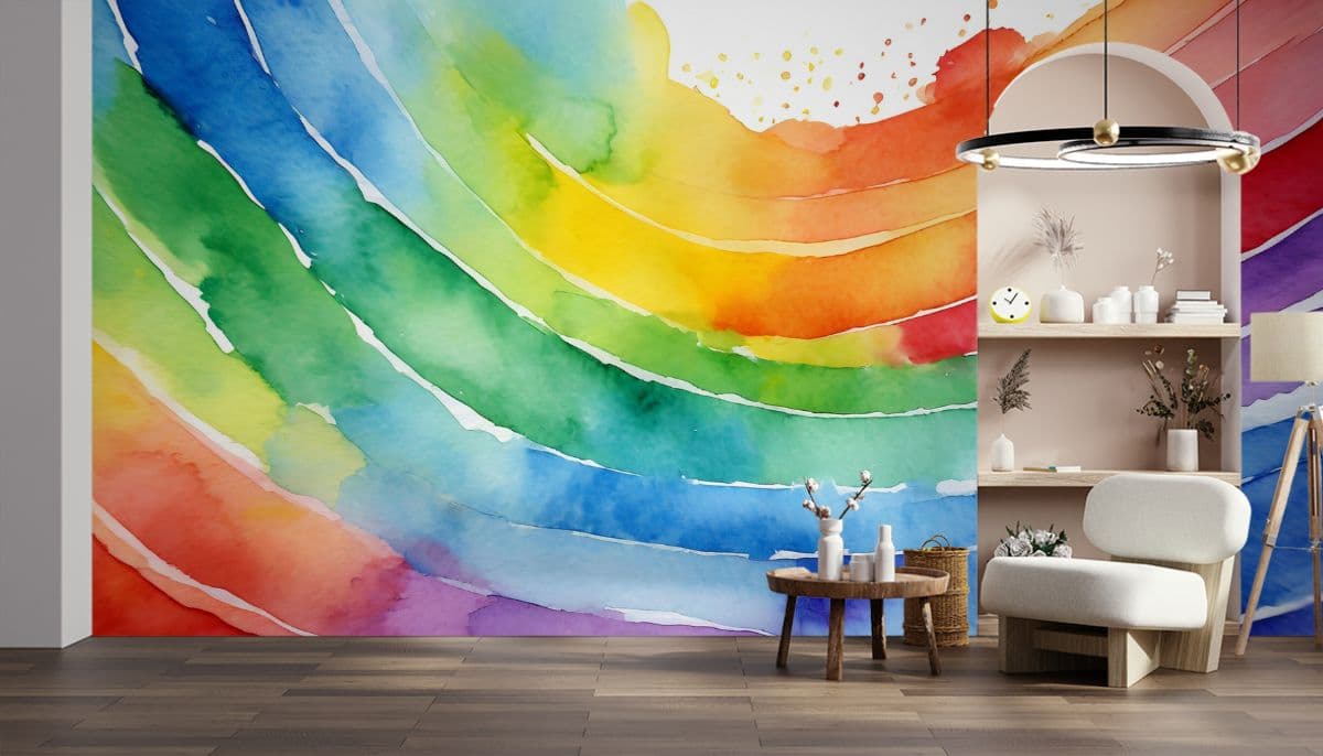 Watercolor Rainbow Painting Mural Wallpaper shown in a room