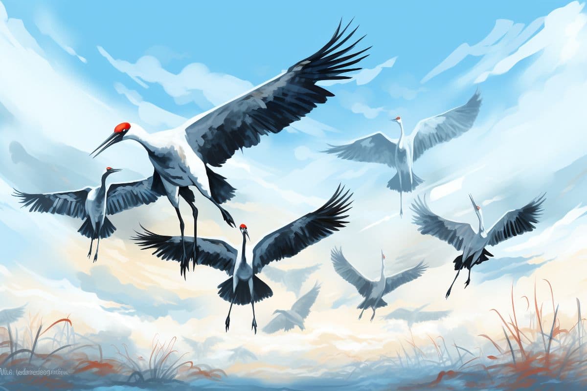 Watercolor Style Cranes Painting Wallpaper Mural pattern detail