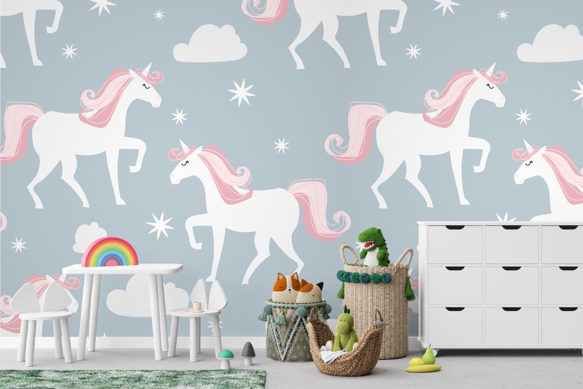 Seamless Unicorn Pattern for Kids Room Wallpaper shown in a room