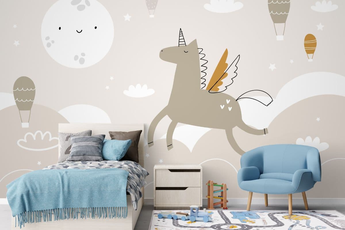 Fun Unicorn Wallpaper Mural for Kids Room shown in a room