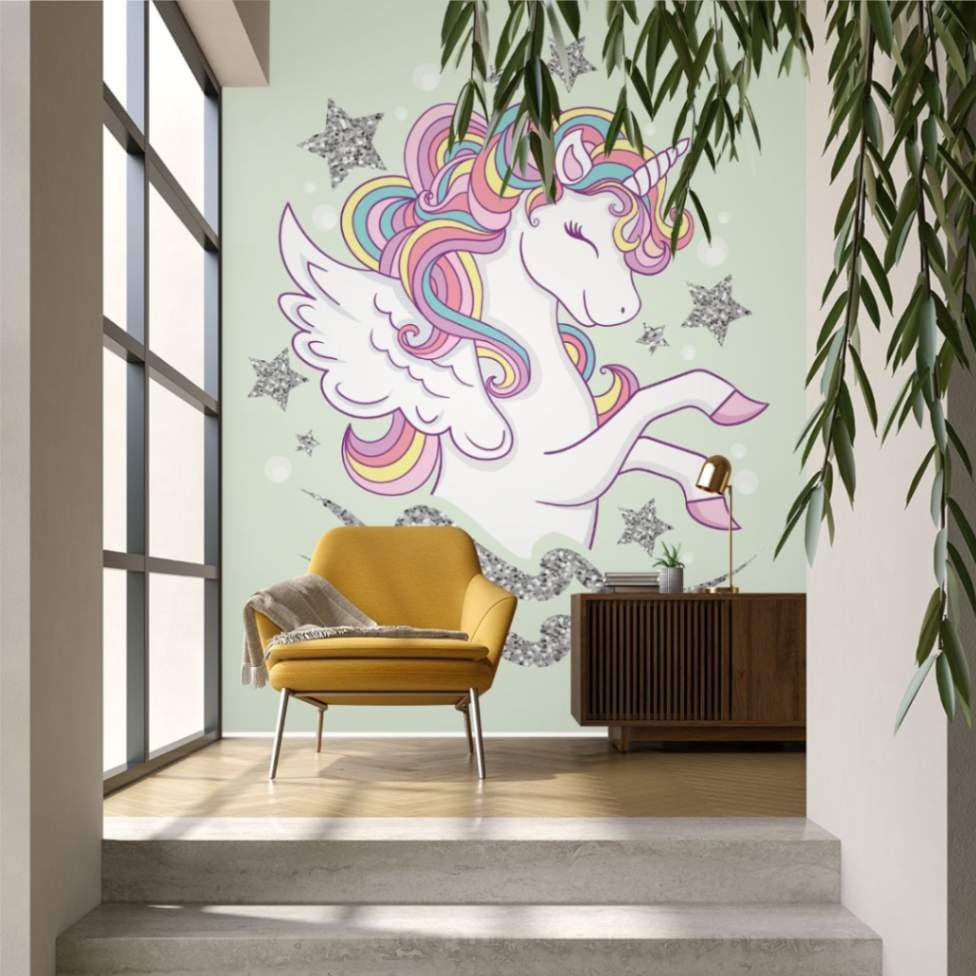 Magical Glitter Unicorn Wallpaper Mural for Kids Room shown in a room