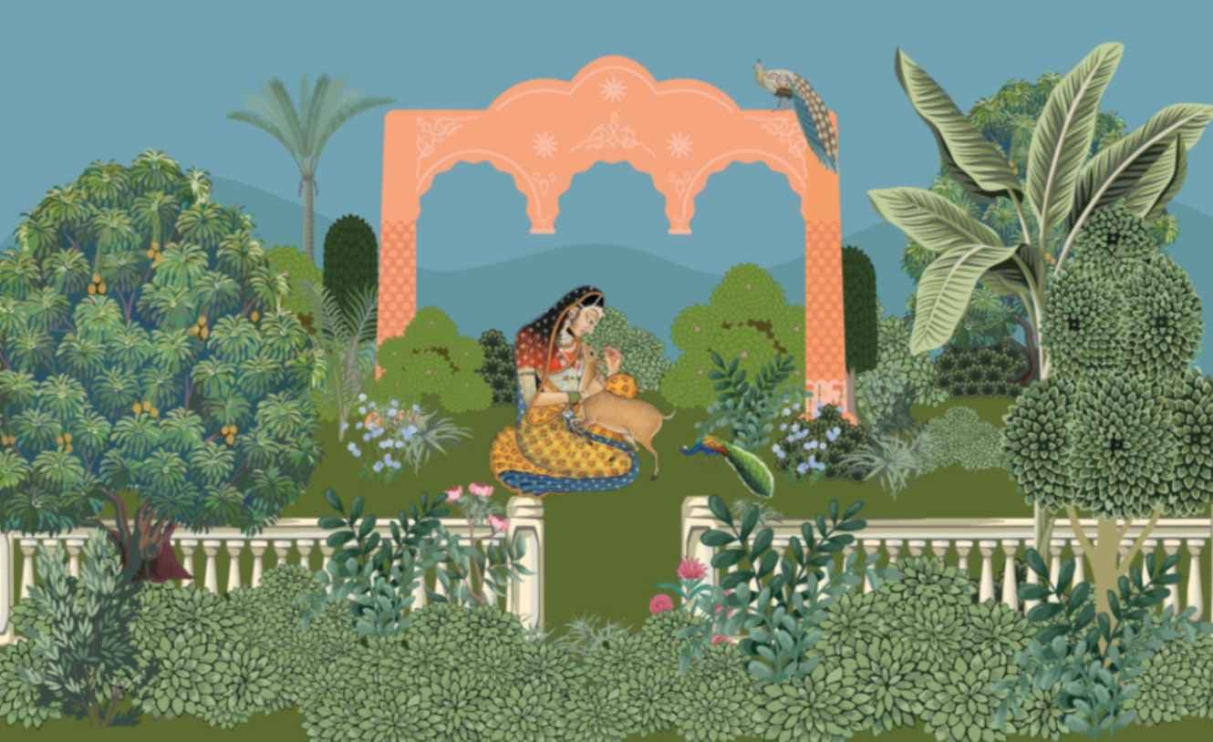 Mughal Rani with Hiran and Mayur Miniature Wallpaper Mural pattern detail