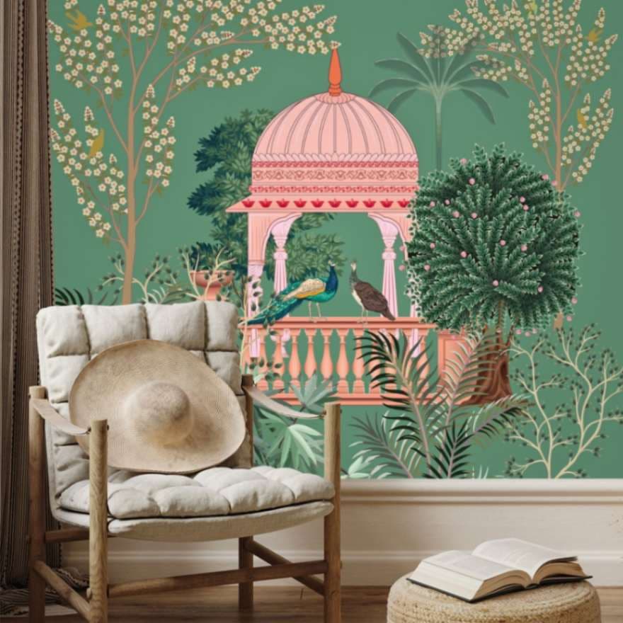 Jaipuri Jannat Miniature Wallpaper Mural shown in a room