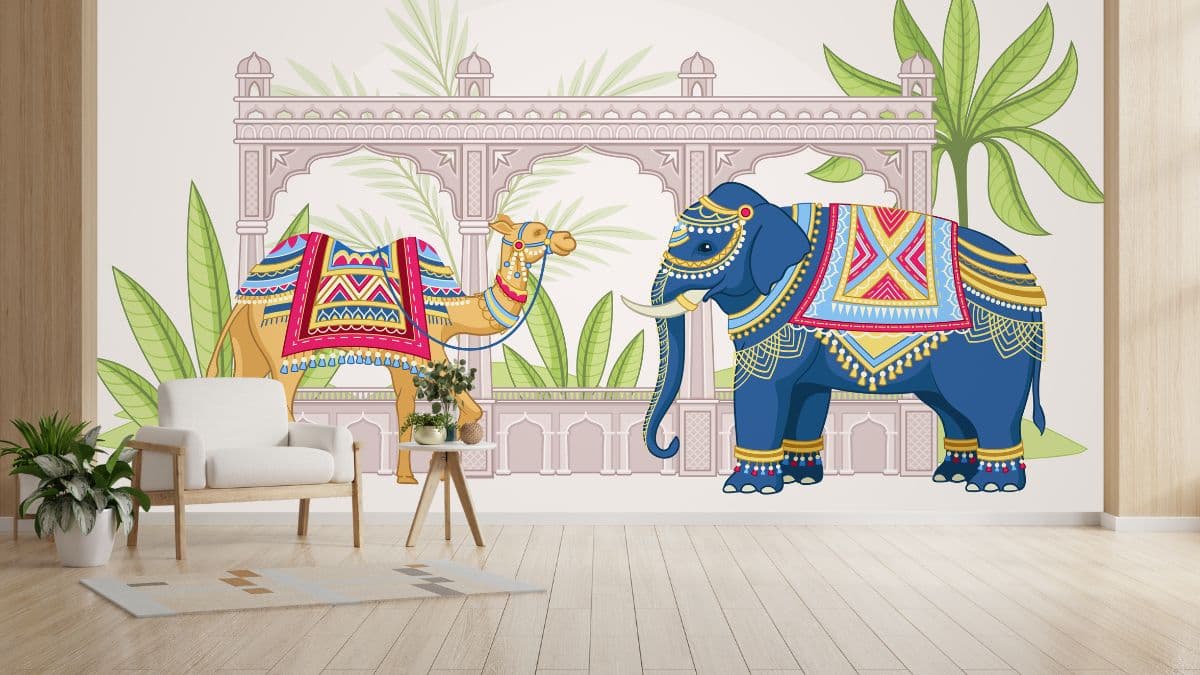 Mughal Elephant and Camel Tapestry Miniature Wallpaper Mural shown in a room