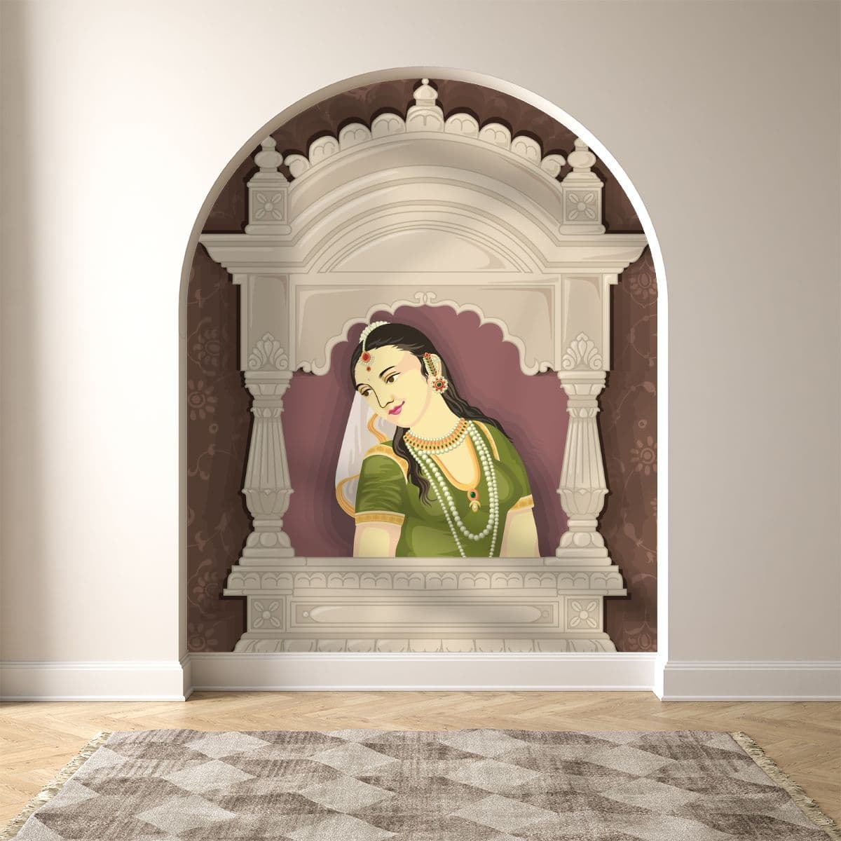 Miniature Mughal Rani Wallpaper Mural shown in a room