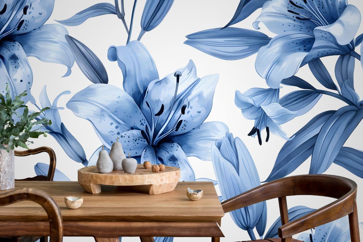 Aesthetic Blue Lilies Wallpaper Mural shown in a room