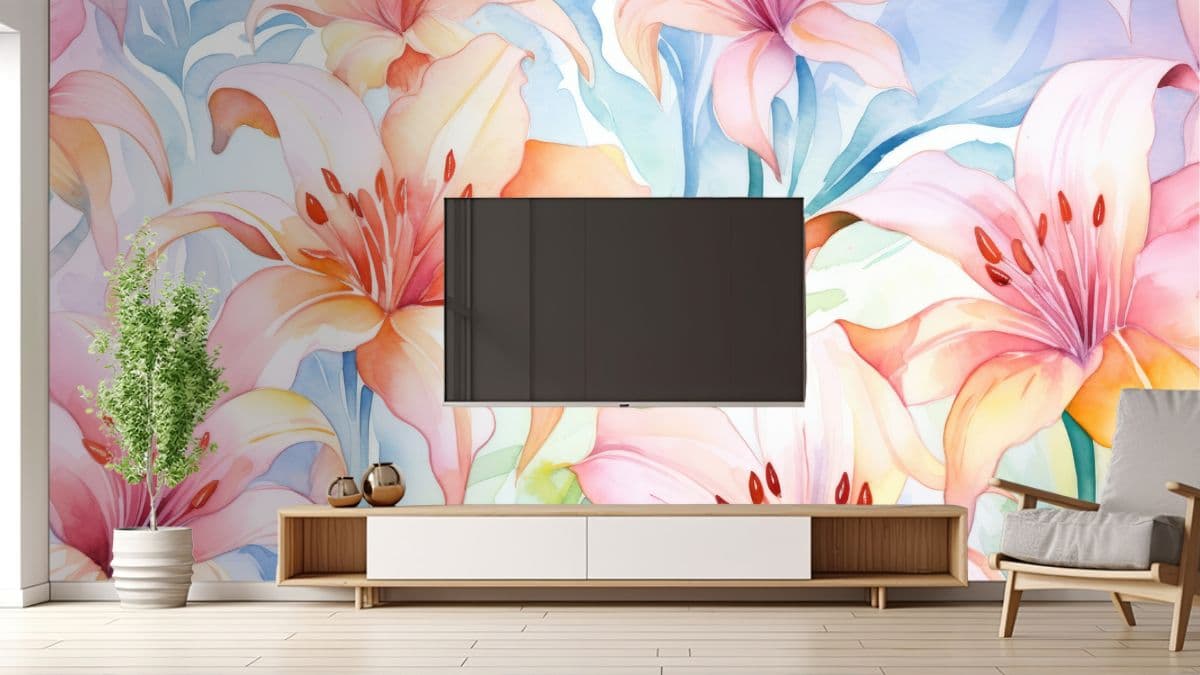 Blushing Water Lilies Wallpaper Mural for Wall shown in a room