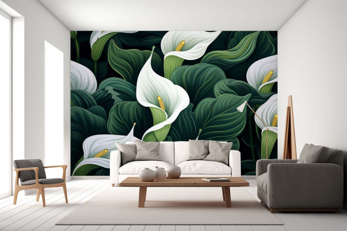 Tranquil White Lily Petal Wallpaper Mural shown in a room