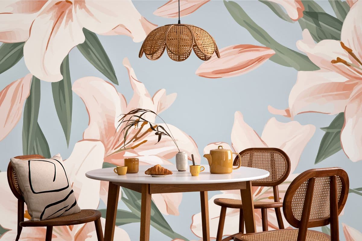 Pastel Lily Blossom Wallpaper Mural shown in a room