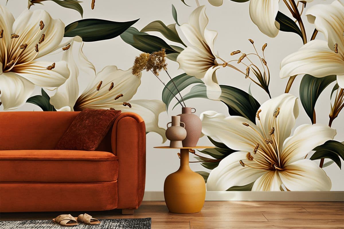 Whispering Lilies Wallpaper Mural shown in a room