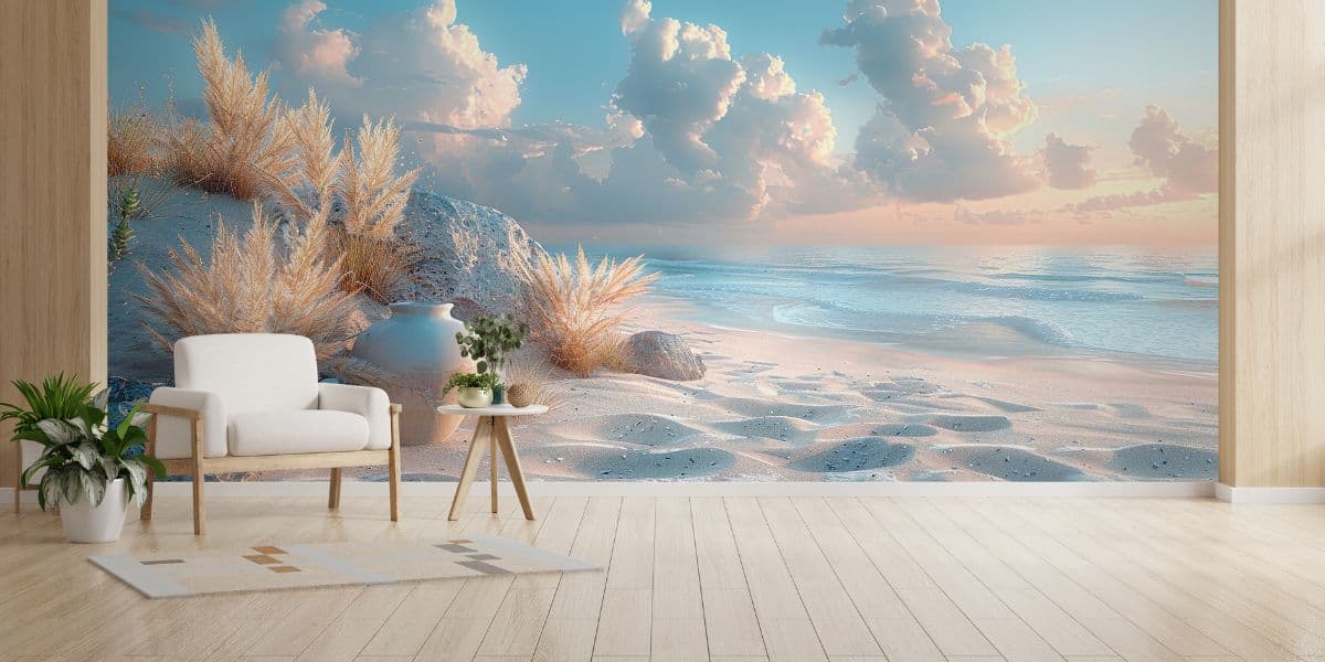 Serene Scenery of A Beach Mural Wallpaper shown in a room