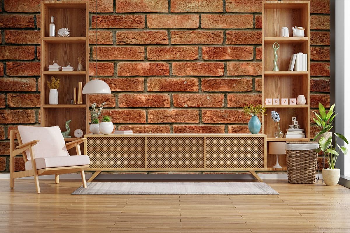 Teracotta Red Brick Wall Mural Wallpaper shown in a room