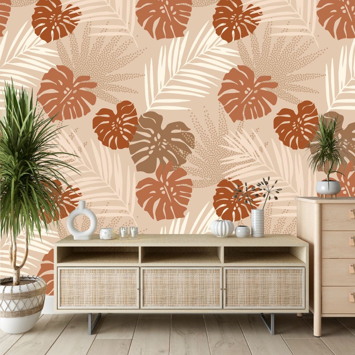 Terracotta Tropical Leaves Wallpaper Mural shown in a room