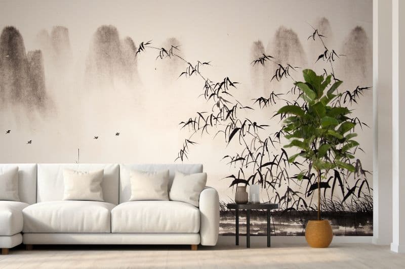 Chinese Landscape Ink Painting Wallpaper Mural shown in a room