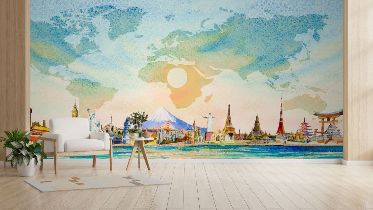 Famous Landmarks Travel Theme Wallpaper shown in a room