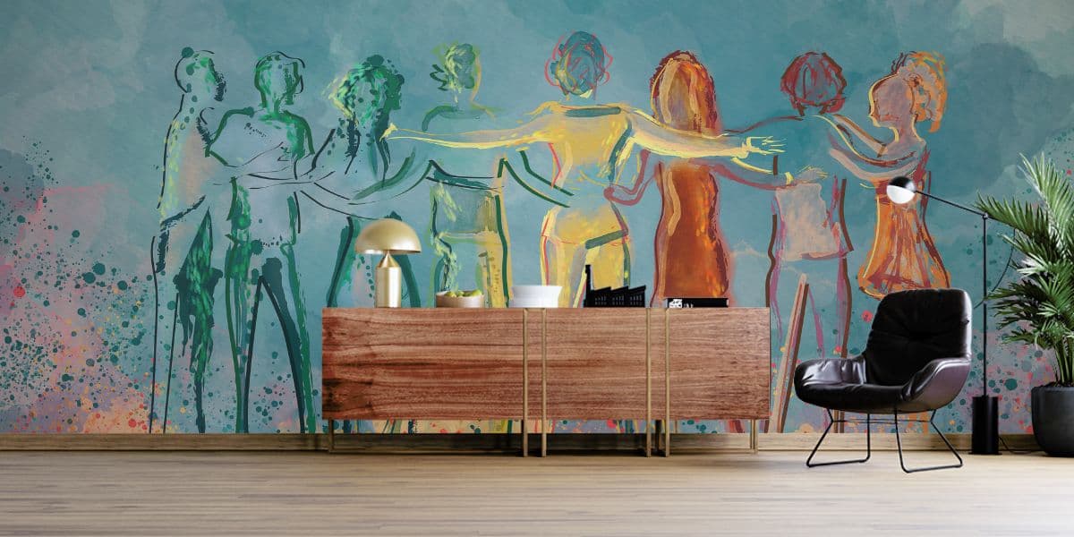 Friends Watercolor Art Mural Wallpaper shown in a room