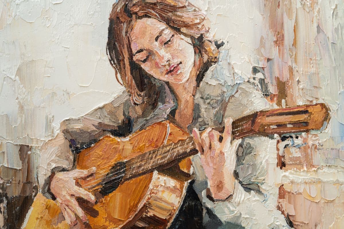 Girl Playing Guitar Oil Painting Wallpaper Mural pattern detail