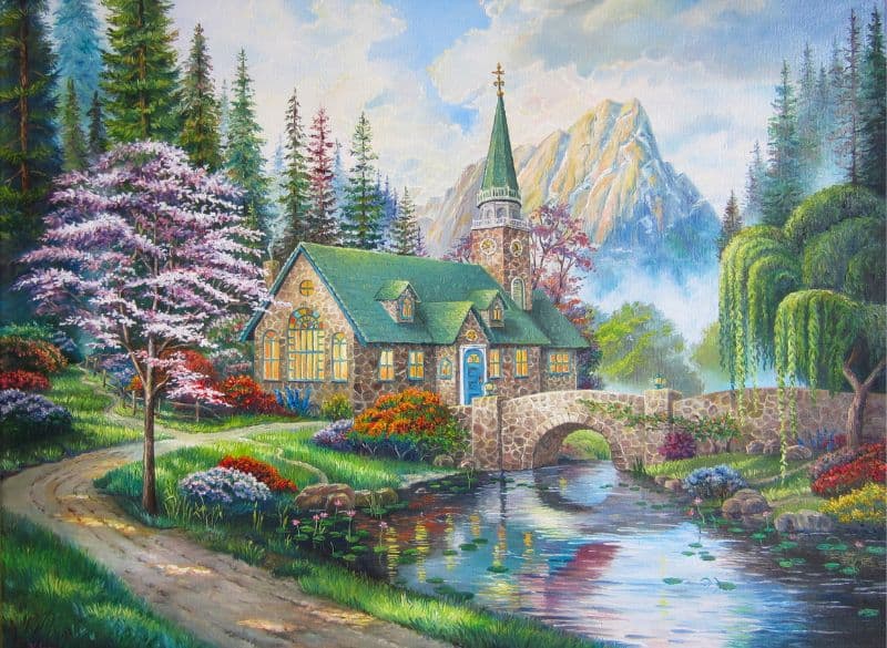 House in The Forest Oil Painting Wallpaper Mural pattern detail
