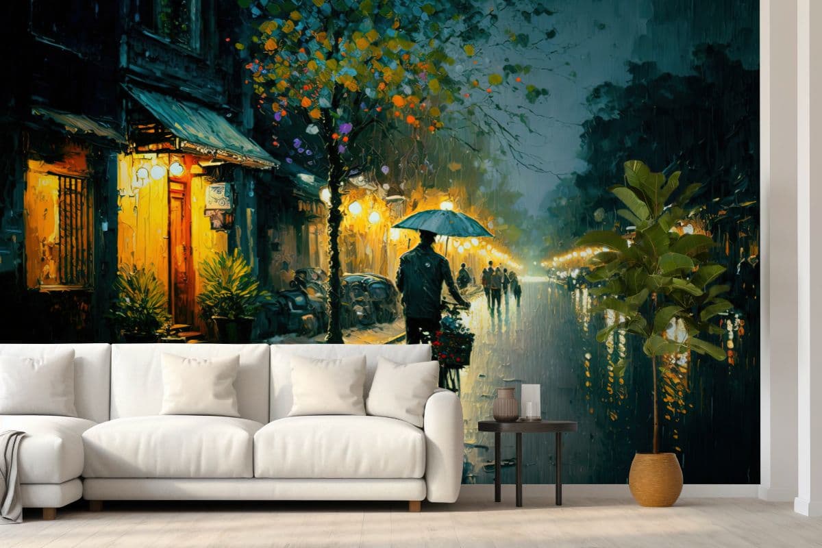 Rainy Night Oil Painting Style Wallpaper Mural shown in a room