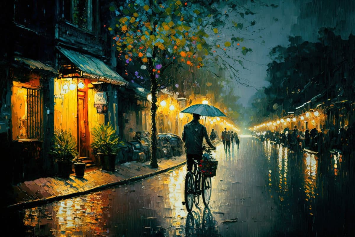 Rainy Night Oil Painting Style Wallpaper Mural pattern detail