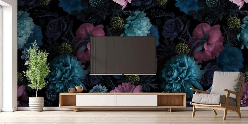 Black Floral Patterns Wallpaper Mural shown in a room
