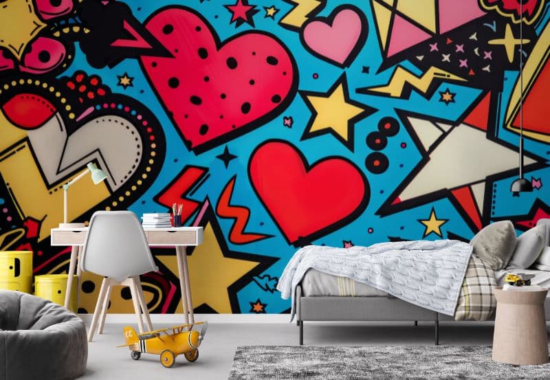 Hearts and Stars Pop Art Style Wallpaper Mural shown in a room
