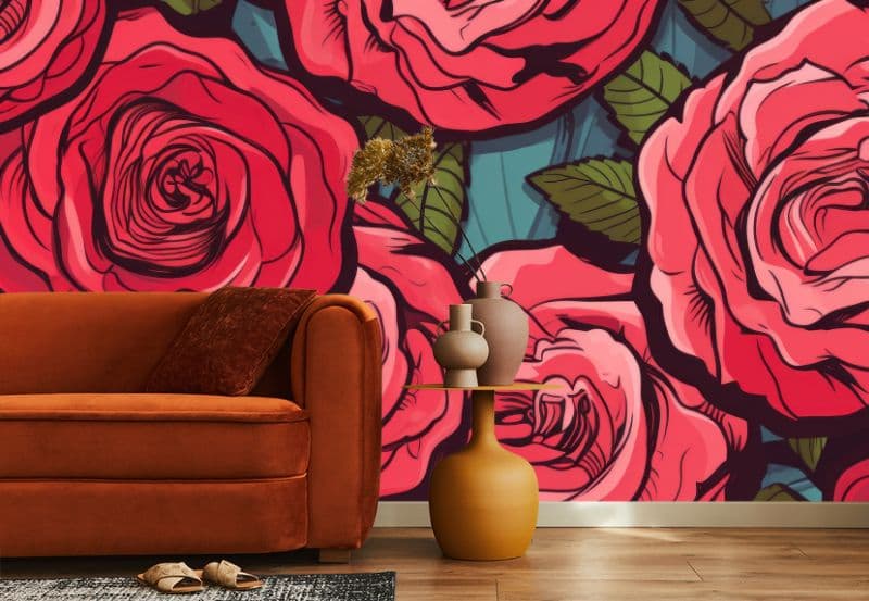Blooming Red Pop Art Roses Wallpaper Mural shown in a room
