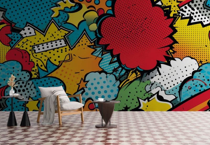 Pop Art Comic Theme Wallpaper Mural shown in a room