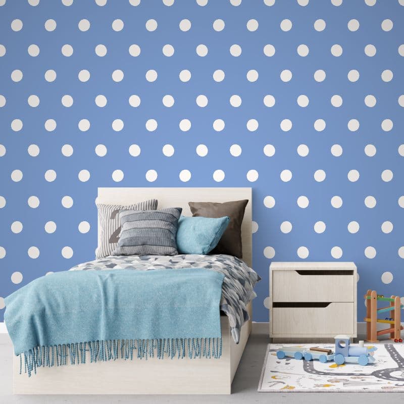 Blue and White Polka Dots Play Wallpaper shown in a room