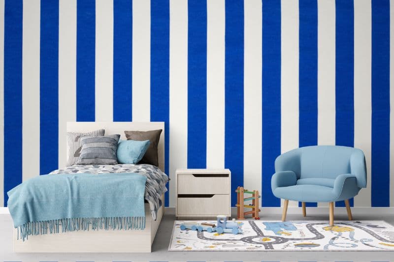Majestic Blue & White Stripes Wallpaper Mural shown in a room